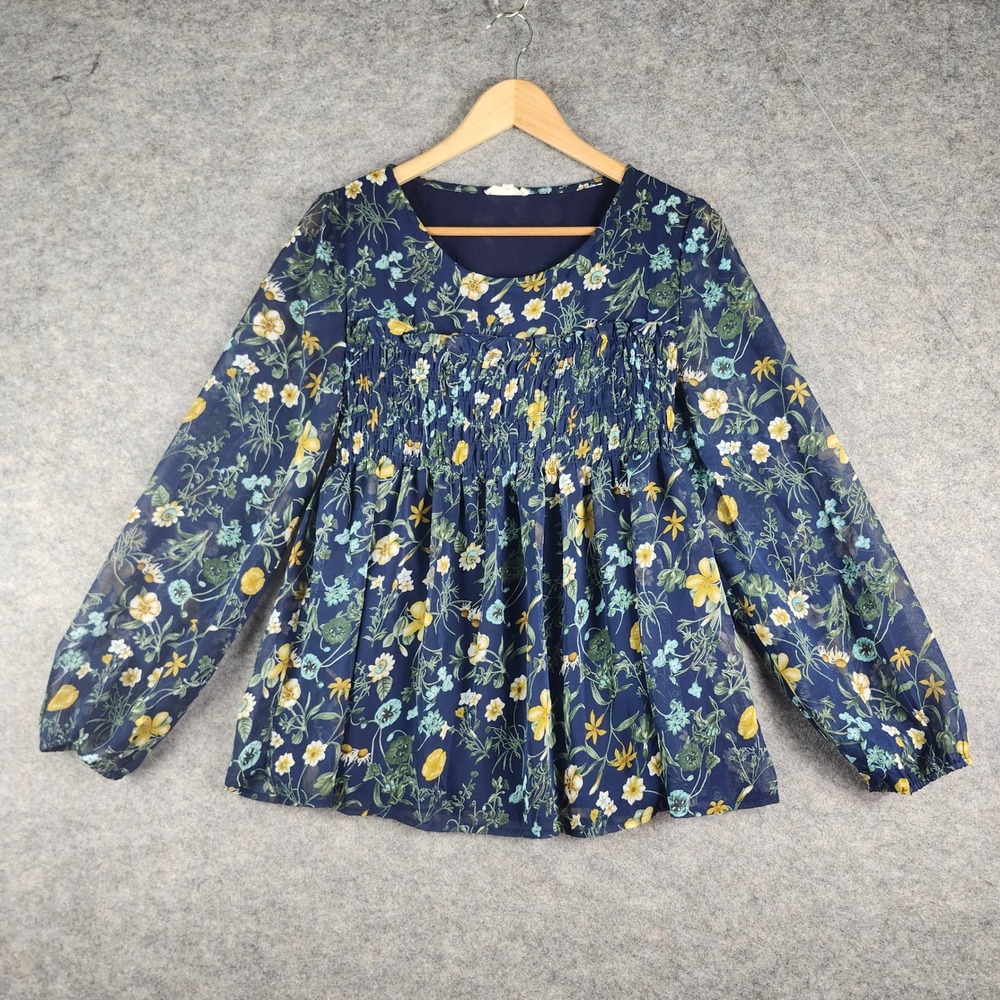 Blushing Heart Blouse Women M Blue Peasant Top Floral Smocked Sheer Long Sleeve‎
